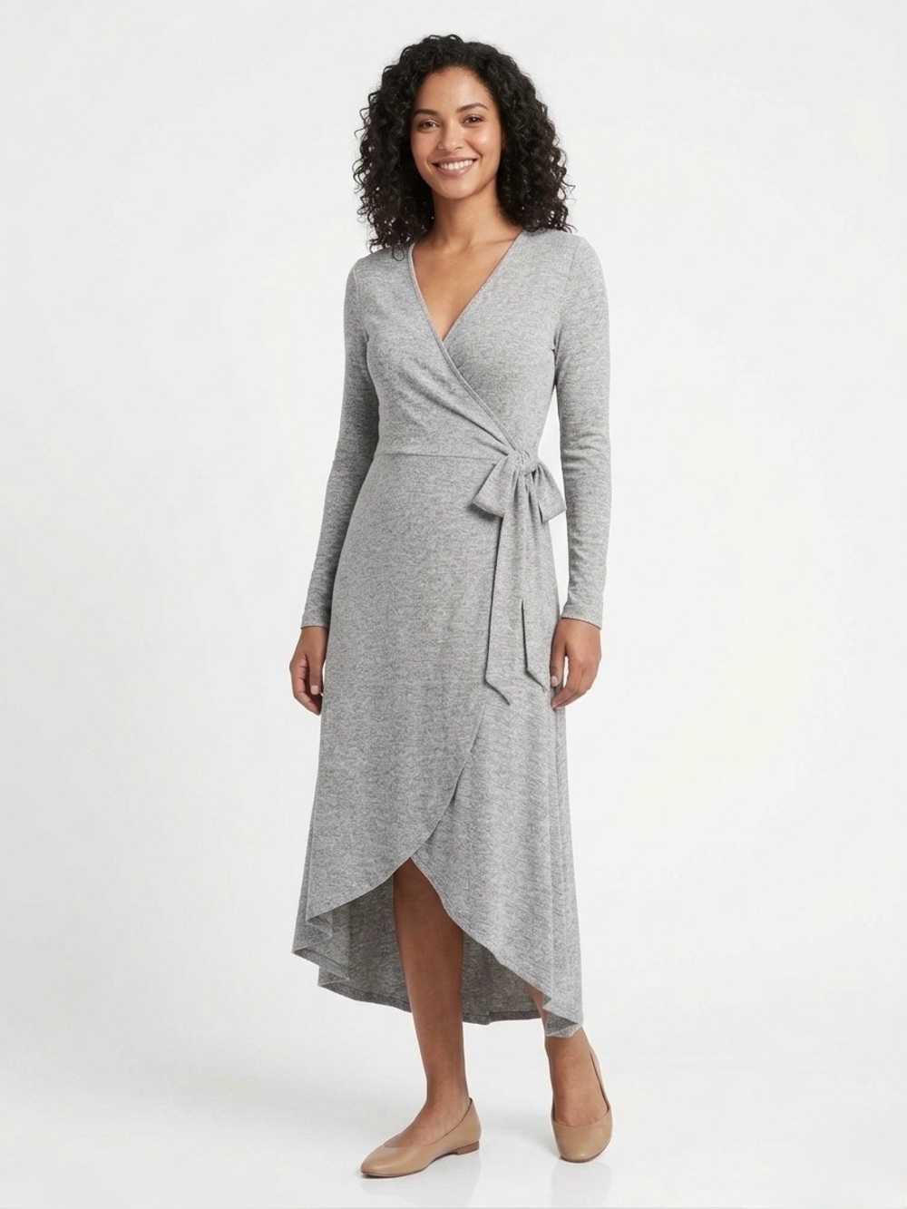 Gap Heather Grey Long Sleeve Jersey Knit Wrap Midi Dress Size Medium M